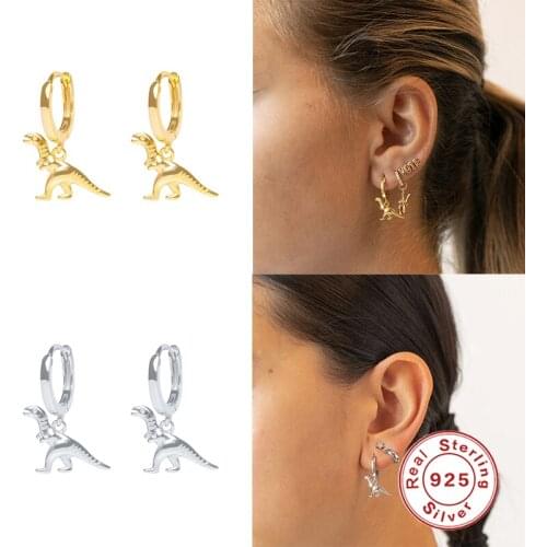 GS Dinosaur Hoop Earrings Unusual Rex Real 925 Silver Women Female Pendientes S925 Sterling Plata Piercing Animal Stud Ear Rings