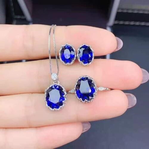 Natural Sapphire/Garnet S925 Sterling Silver Ring Earrings Pendant Necklace Set Fine Weddings Jewelry for Women MeibaPJFS