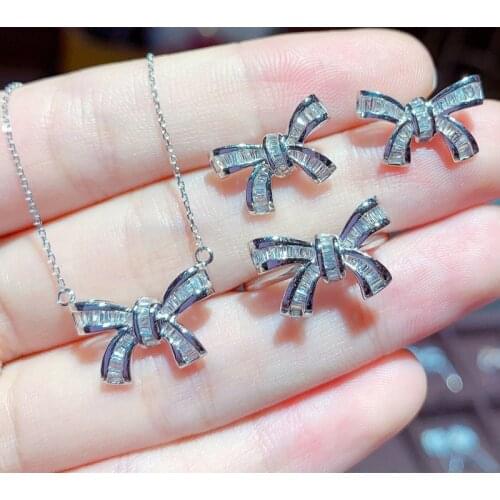 Bowknot Lab Diamond Jewelry set 925 Sterling Silver Promise Party Wedding Rings Earrings Necklace For Women Bridal Jewelry Gift