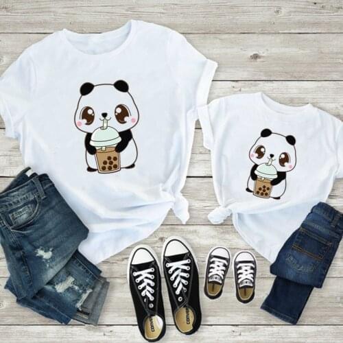 Cute Mommy and Baby Clothes Cartoon Panda Print Family Matching Clothes White Short Sleeve Family Look Matching Family Outfits
