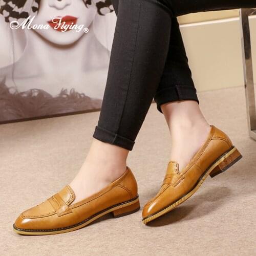 Mona Flying Genuine Leather Hand-made Penny Loafers Women Slip-on Casual Flats Loafers Shoes for Women Ladies 2021 New L092-2