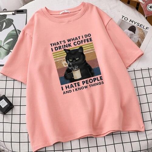 Funny Black Cat Thats What I Do I Drink Coffee I Hate People Vintage Summer Mens Cotton T-Shirt Humor Gift Women TShirt Tops