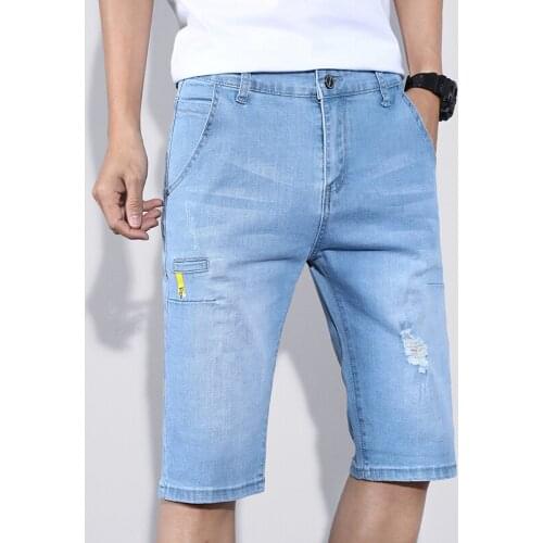 2021 Summer New Mens Hole Patch Denim Shorts High-Quality Business Casual Stretch Straight-Leg Pants Male Classic Brand Jeans