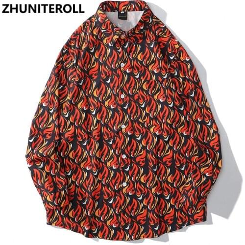 Harajuku Mens Shirts Flame Graphics Print Hip Hop Button Down Longsleeve Shirt For Men Streetwear Fashion Hawaiian Beach Tops