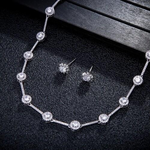 Clear Zirconia Small Round 18KWG AAA Cubic Zircon Wedding Jewelry Set ,Earrings Necklace,Promotion,Nickel Free N0312