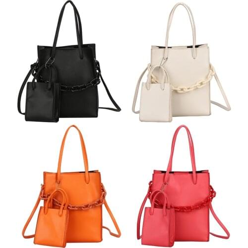 2pcs Women Composite Bags Set Solid Color Messenger Handbag Tote Thick Chain Leather Travel Crossbody Shoulder Bag Purse