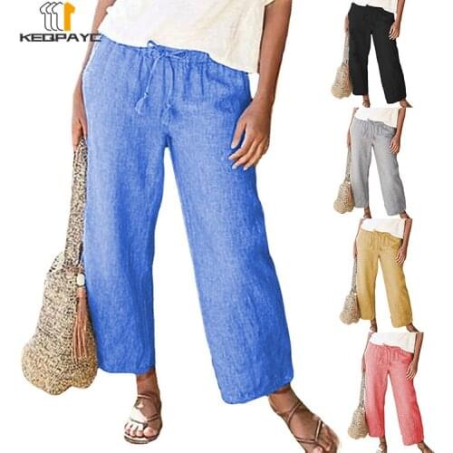 New 2021 Women Fashion Drawstring Elastic Waist Solid Cotton Linen Pants Ladies Casual Loose Wide Leg Pants Trousers