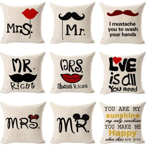 Lover Flax Linen Cushion Cover Couple Decorative Cushions Sofa Pillowcover Throw Pillows Cover Single Side Printed Pillowcase