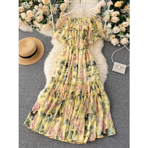 Bohemian Floral Chiffon Midi Dress Women Sexy Slash Neck Ruffle Short Sleeve A-line Printed Vacation Beach Vestidos Robe 2021