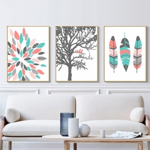 Feather Print Poster Tribal Canvas Painting Coral Mint Wall Art Girl Room Decoration Wall Pictures for Living Room Nursery Decor