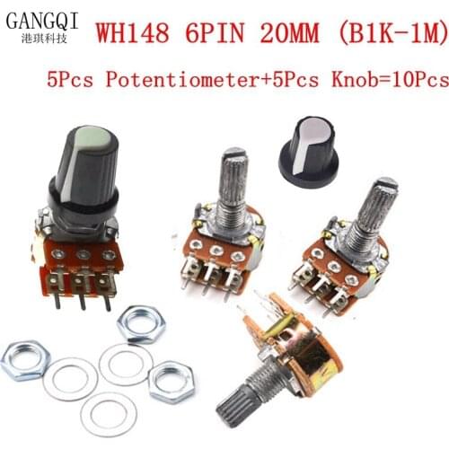 5pcs/Lot Carbon Film Potentiometer WH148 20mm 6pin + Rotary Switch Knobs Cap Kit B1K 2K 5K 10K 20K 50K 100K 250K 500K 1M