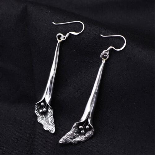 Real 925 Sterling Silver Lotus Leaf Flower Stamen National Style Original Personality Long Earrings Exquisite Party Gift Jewelry