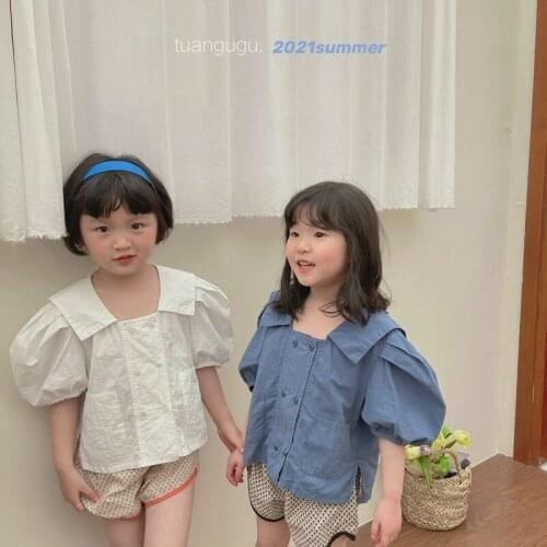 Childrens Clothing 2 3 4 5 6 7 Y Baby Girls Shirts Korean Lapel Double Breasted Blouse For Girl Kids Puff Sleeve Cute Shirts