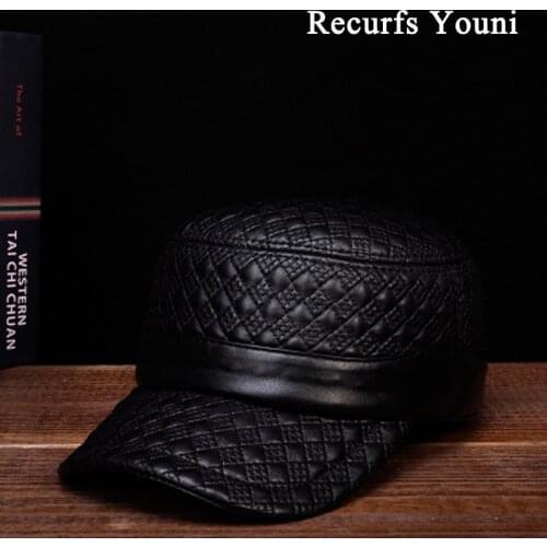 RY128 NEW 2020 Winter Man Genuine Leather Embroider Flat Hat For Men Male Glen Check Alternate Stripe Black Leisure Caps