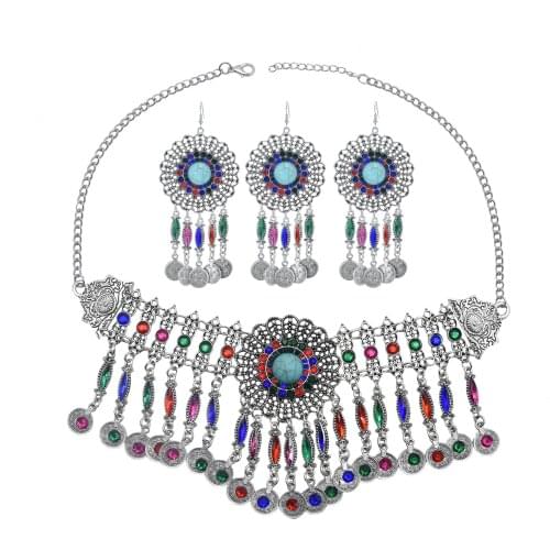 Turkish Jewelry Sets Coin Tassel Crystal Rhinestone Bib Statement Necklace Earring Hair Clips Bridal Tribal Jewelry Sets