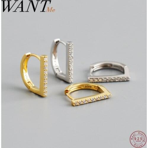 WANTME 925 Sterling Silver Punk Geometric Letter D Huggie Piercing White Zircon Earrings for Women Fashion Party Charms Jewelry