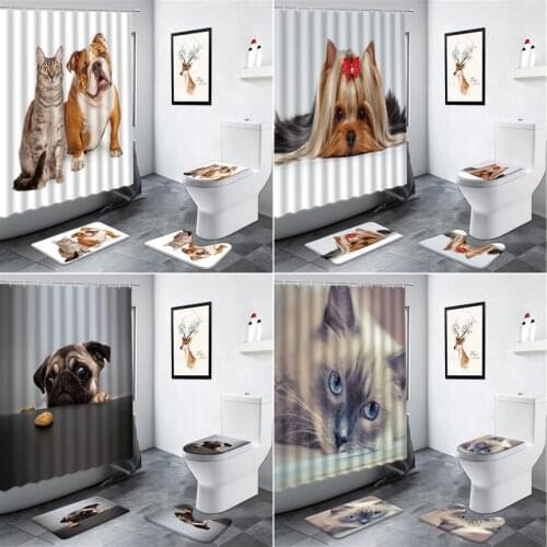 Funny Cat Dog Shower Curtains Cute Animals Pattern Bathroom Bath Mat Flannel Carpet Non-slip Foot Mats Rug Toilet Lid Decor Sets