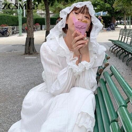 ZCSMLL 2021 New Summer Spring Solid Color Fashion Korea Dresses Lace Stitching Hooded Ruffled Flared Sleeve Dress Women