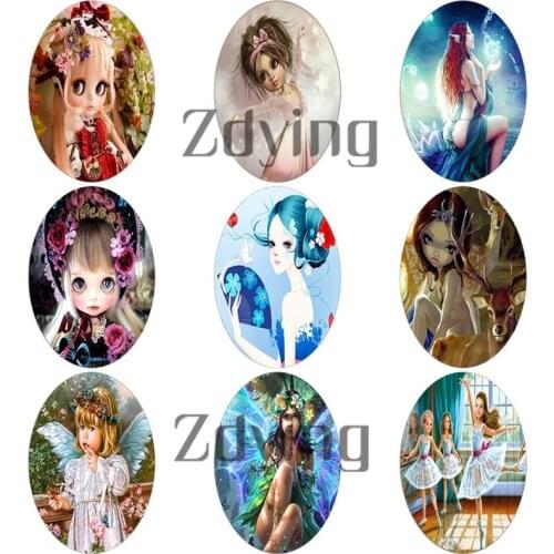 Zdying 10pcs/Lot New Cute Cartoon Girls Oval Shape Glass Photo Cabochons Beads DIY Necklace Brooch Pendant Jewelry Findings