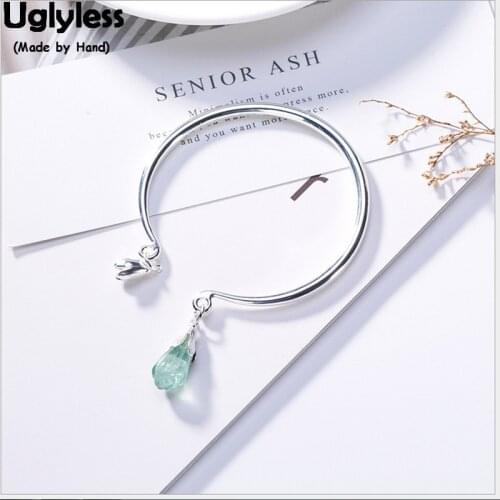 Uglyless 100% Real 925 Sterling Silver Magnolia Charms Bangles for Women Fluorite Flower Bangle Polished Bracelets Fine Jewelry