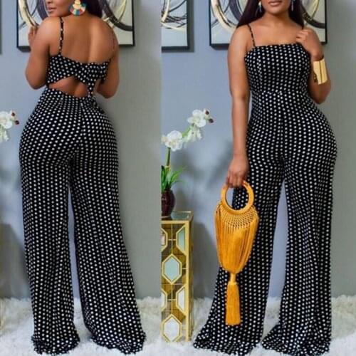 Women Causal Spaghetti Strap Jumpsuits Black White Dot Floor Length Beauty Back For Party Evening Dinner Rompers Jumpsuits Hot