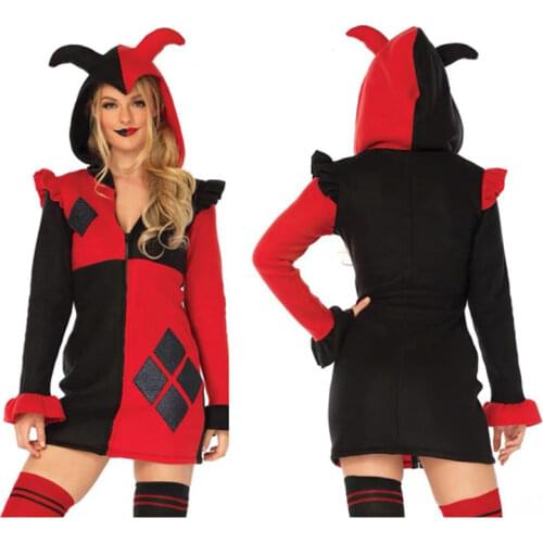 Women Cosplay Costume Joker Clown Circus black red hooded Dress Halloween Cosplay fancy dress