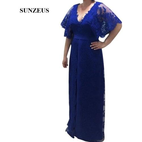 Royal Blue Mother Of Groom Evening Dresses Appliques Short Sleeve Long Lace Women Party Gowns Vestido De Madrinha