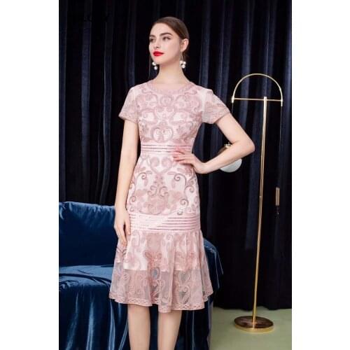 4XL Dress Vestidos De Festa 2020 Summer Women Sweetheart Embroidery Short Sleeve Midi Party Sexy Mermaid Dress Pink Orange Grey