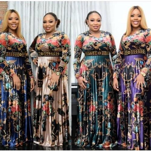 Women Long Sleeves Printed Dresses V-neck Hot Drilling Pleated High Waist Maxi Elegant Ladies Fashion African New Vestidos Robes