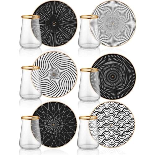 6 personality Porcelain Glass Tea Cup Pad 6 Pcs Glass Tea Cups and 6 Pcs Ceramic Tea Plate