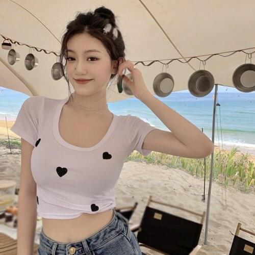 2021 U-Neck Korean Slim Fit Style T-Shirt Summer New Hot Style Solid Color Short-Sleeved Crop Top