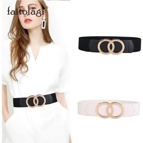 PU Leather Gold Waist Belt for Women Double Rings Buckle Wide Ladies Belt for Dress Coat Elastic Stretch Nylon Female Waistband