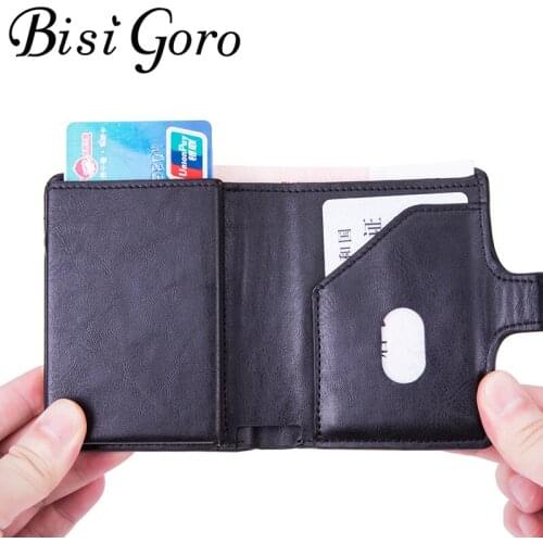 BISI GORO PU Leather Credit Card Holder Men Single Aluminum Wallet RFID Metal Wallet Automatic Pop-up Antitheft Purse Business