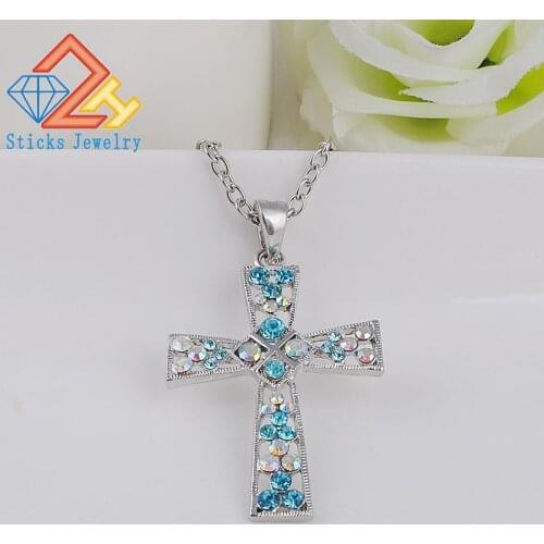 Crosses Necklace Pendant for Women Silver Plated Zinc Alloy Hollow Out Shiny Austrian Crystal Trendy Necklace