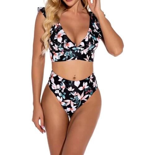 Swimwear women Bikini 2021 mujer Ruffle Floral Print sexy split swimsuit high waist bikini set Bathing suit women Beachwear