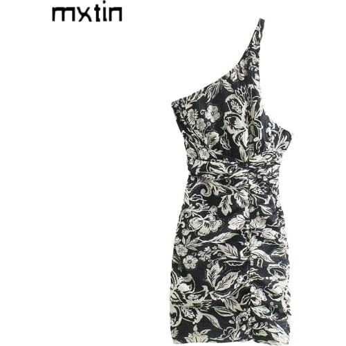 MXTIN 2021 Women Summer Vintage Sexy Floral Print Mini Dress Fashion One-Shoulder Backless Slim Party Female Dresses Vestidos