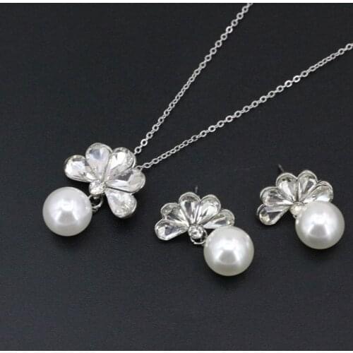 New Silver-Color Pendant Necklace Earring Jewelry Set For Women 12mm Simulated-Pearl Beads Necklaces Earrings Sets 18inch B3423