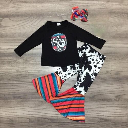 Fall Winter Girls Black Top Cow Print Bell Bottom Pants Kids Farm Set with Bow