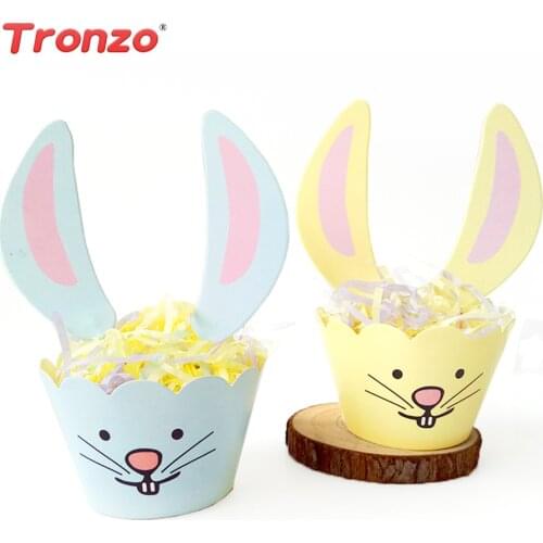 Tronzo 12pcs Easter Rabbit Cake Topper Bunny Cupcake Wrapper Paper Ear Cupcake Toppers Easter Wedding Birthday Party Decor 2020