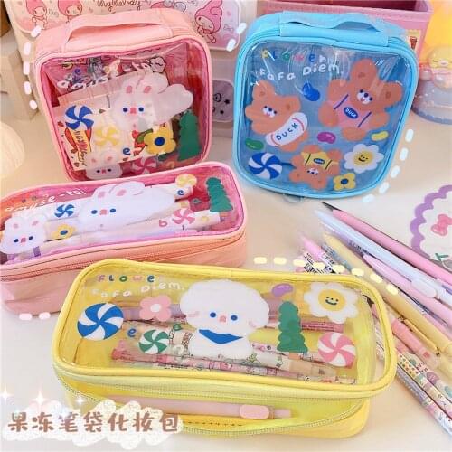 Cartoon Bear Waterproof Cosmetic Bags Transparent Makeup Organizer Pencil Case Toiletry Bag Travel Storage Pouch