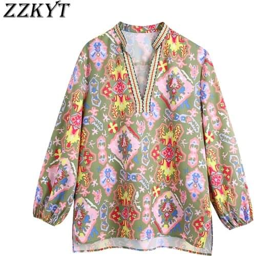 ZZKYT 2021 Women Spring Fashion Floral Print Loose Blouses Vintage V-Neck Long Sleeve Female Shirts Blusas Casual Tops Mujer