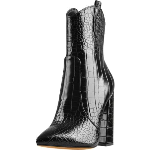 Richealnana Womens Black Pointed Toe Stone Pattern Ankle Thick Boots Chunky Block Heel Fashion Ankle Booties Plus Size US5~US15