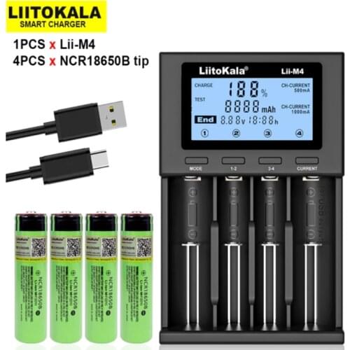4PCS Liitokala Original NCR18650B 3.7V 3400mah 18650 Rechargeable Lithium Battery Suitable for Flashlight+Lii-M4 Charger