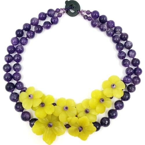 Lii Ji Amethyst Korea Jade Flowers 2 Rows Statement Necklace Natural Real StoneJewelry For Women 48cm
