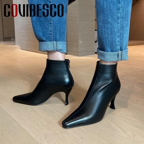 COVIBESCO 2021 Woman Short Boots Autumn Winter Warm Sheep Skin Bacic Shoes New Fashion Boots Pointed Toe Pumps
