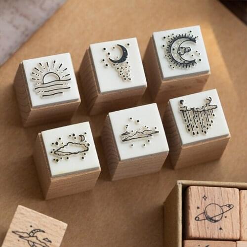 16 Pcs/Set Vintage Planet Moon Cloud Decoration Stamp Wooden Rubber Stamps for Handbook Diary Scrapbooking Stationery