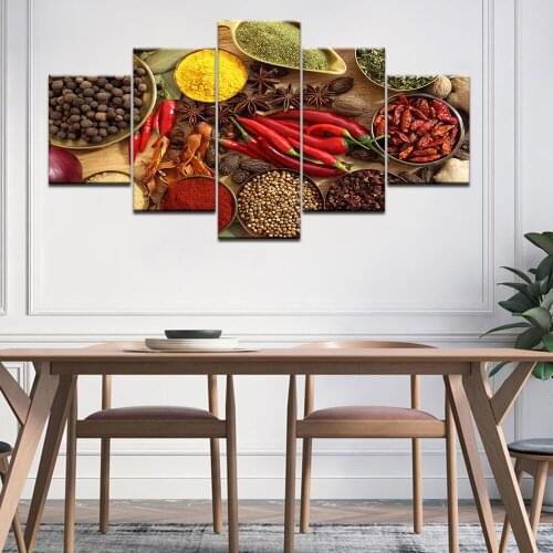 Home Decor Wall Art Framed Posters Prints 5 Panel Spoon Grains Spices Peppers Canvas Painting Kitchen Modular HD Food Picture