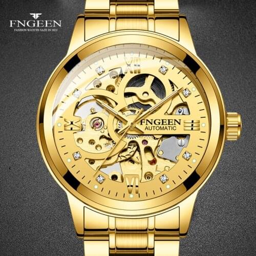 FNGEEN Skeleton Automatic WristWatch Full Golden steel Mesh Style Top Luxury Watches Male Clocks 2020 New