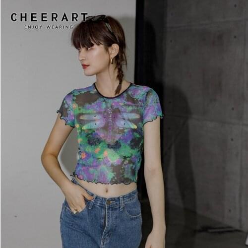 CHEERART Dragonfly Tie Dye Mesh Crop Top Women 2020 Summer T Shirt Short Sleeve Tshirt Gothic Tee Fashion Tops Aesthetic Clothes