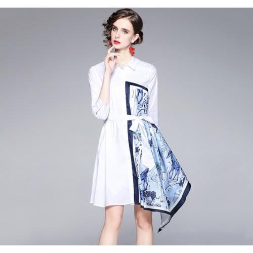 Summer Patchwork Printed Asymmetry Shirt Dress Women Button up Irregular Hem Runway Dress Female Loose Style Belt Dress k1157
